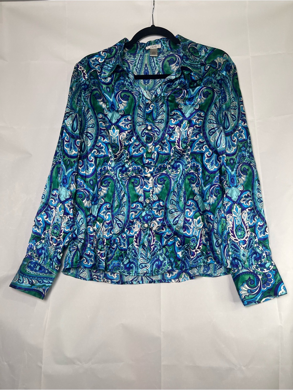 Vintage Caché 100% Silk Paisley Blouse Aqua L Y2K Boho